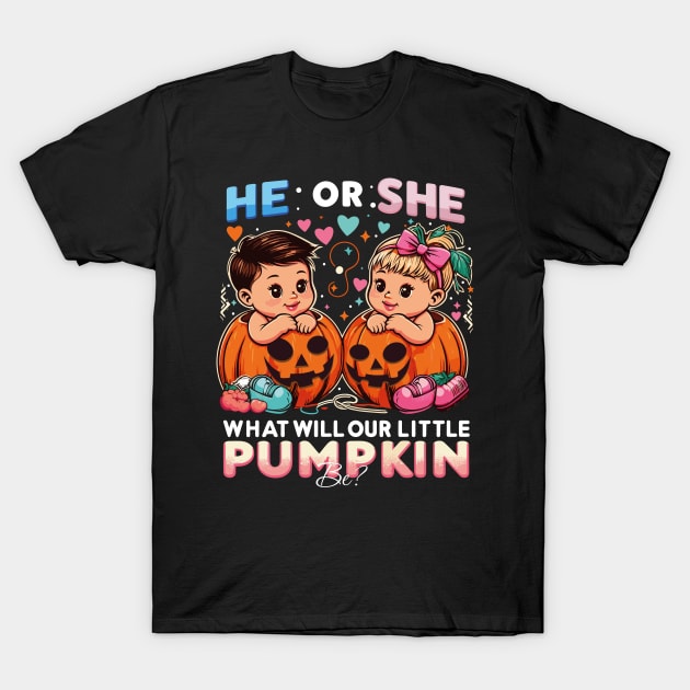 Anticipation Awaits: What Will Our Little Pumpkin Be – He or She? T-Shirt by Meryarts